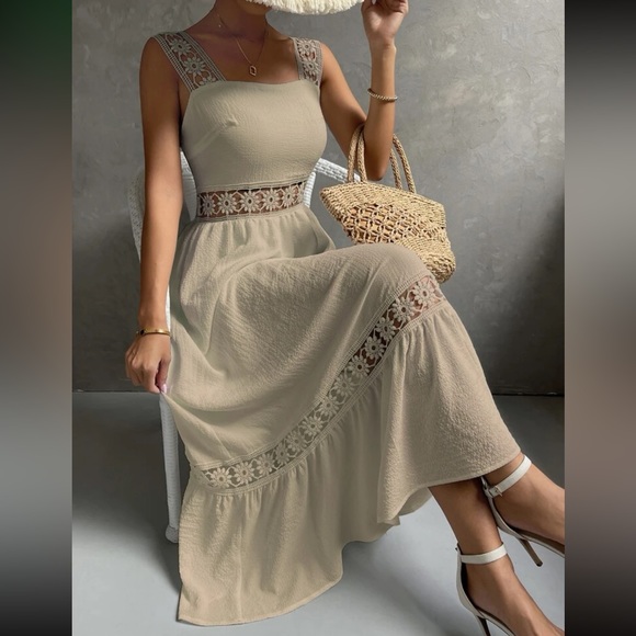 Boho khaki lace insert maxi dress LAST PACK - Picture 6 of 6